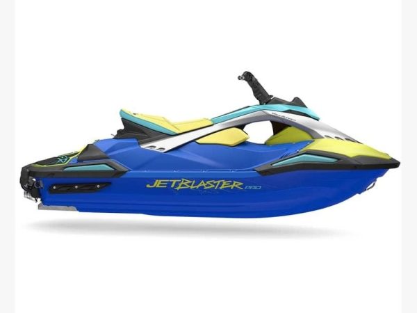 Jet ski Yamaha Jet Blaster Pro 2UP 2026 warna biru dengan aksen kuning dan abu-abu tampak samping