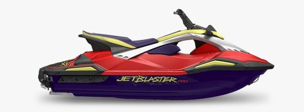 Jet ski Yamaha JetBlaster Pro 3UP 2026 warna kombinasi merah, ungu, dan kuning tampak samping