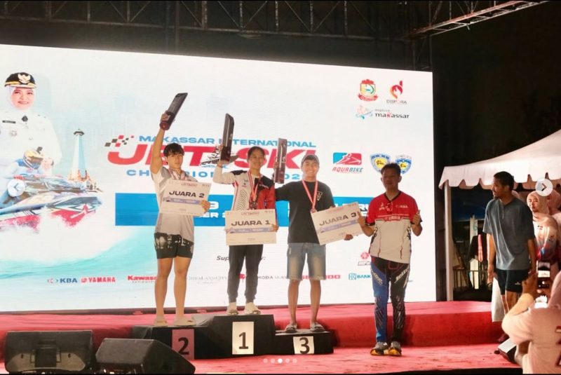 Winner podium at Makassar International Jetski Championship 2025 featuring international jetski racers receiving awards in Makassar
